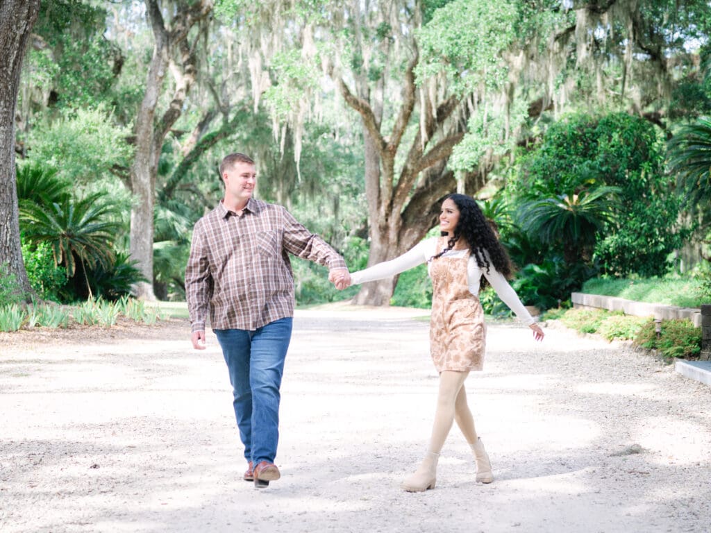Playful moment between a couple during a morning couples photography session in Tallahassee, FL.