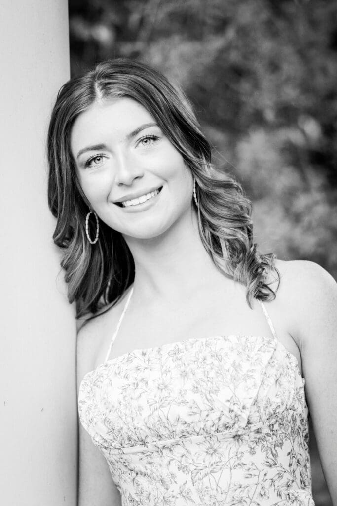 Black and white close up senior portrait in Bainbridge GA garden session